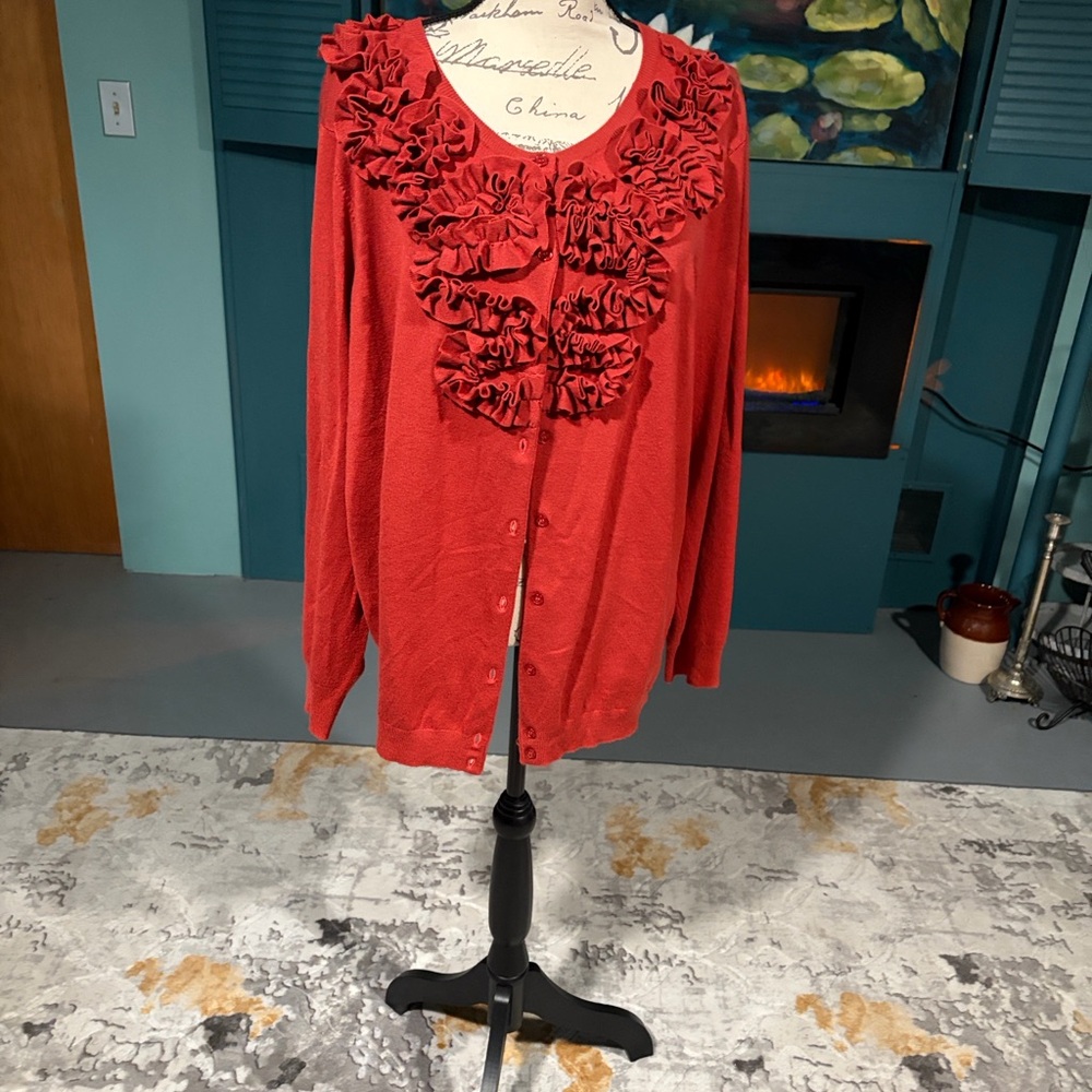 Geneology reddish orange color Ruffled Sweater